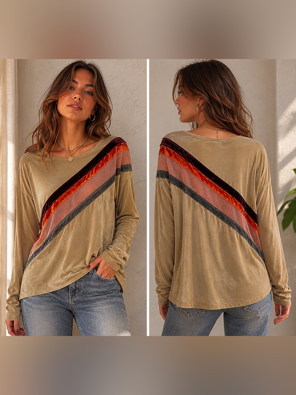 Gilded Intent Long Sleeve Relaxed Cotton Tan Boho Retro Velvet Top Size Medium